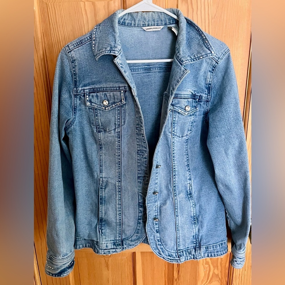 Laura Ashley Blue Sequin Denim Jacket Medium Boho Western Festival Cowgirl - Picture 7 of 17